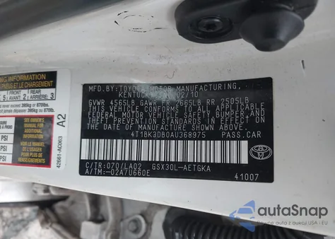 2010 Toyota Avalon Xls z USA, uszkodzony, nr VIN 4T1BK3DB0AU368975